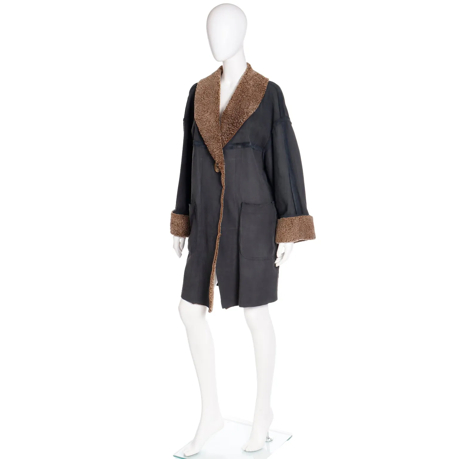 1990s Fendi Lightweight Shearling Gray Green Coat w Lambswool Trim