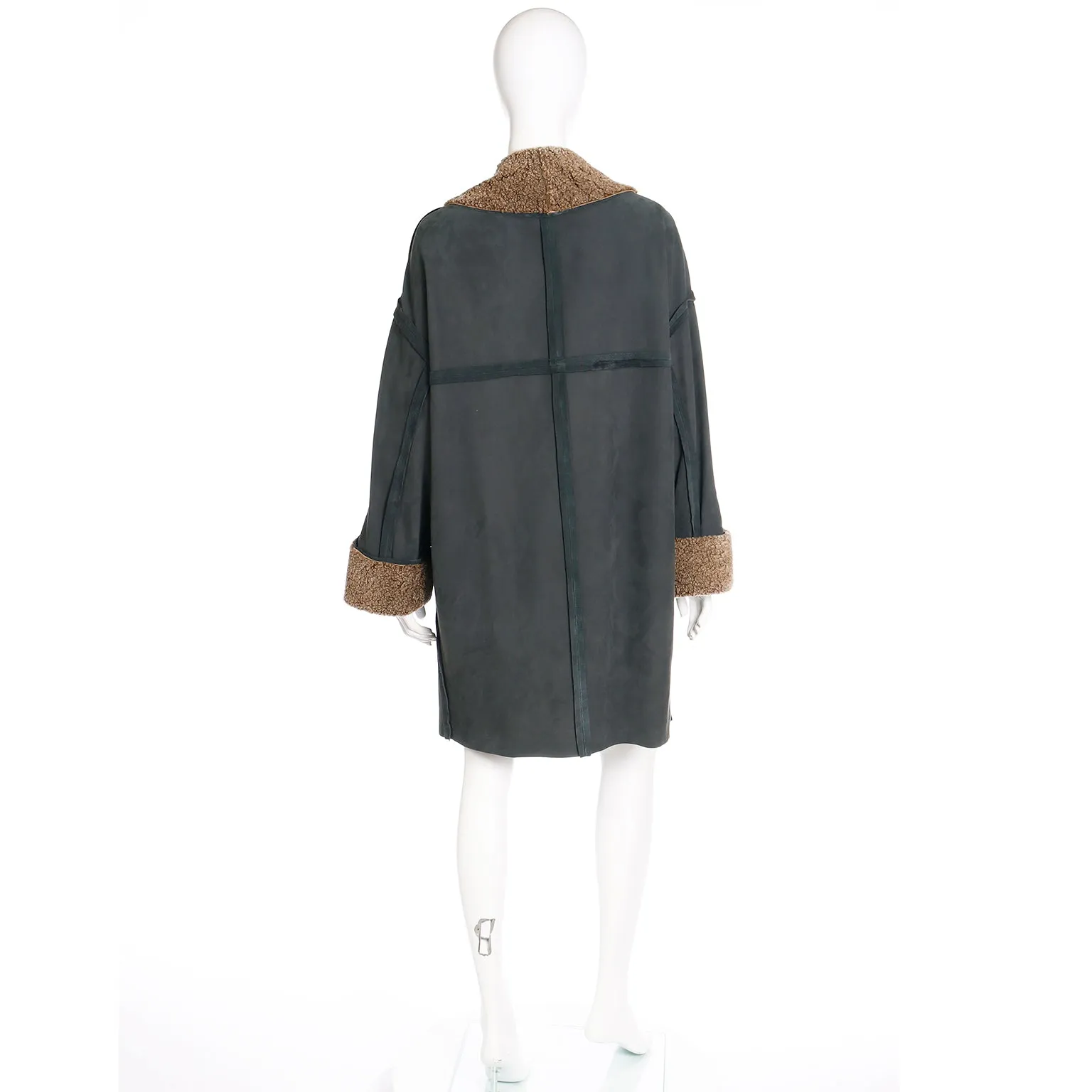 1990s Fendi Lightweight Shearling Gray Green Coat w Lambswool Trim