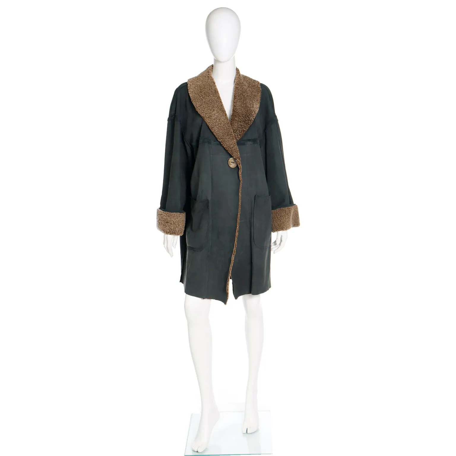 1990s Fendi Lightweight Shearling Gray Green Coat w Lambswool Trim