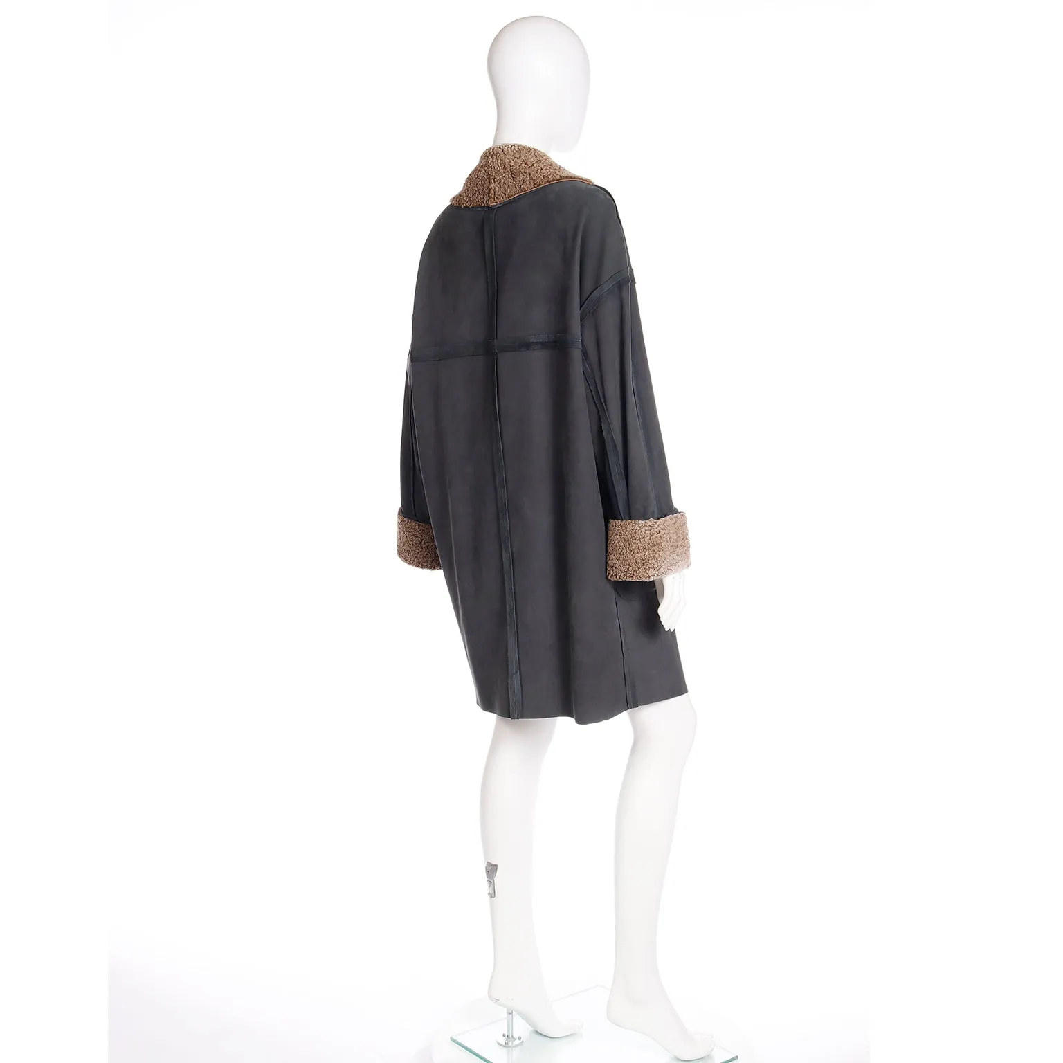 1990s Fendi Lightweight Shearling Gray Green Coat w Lambswool Trim