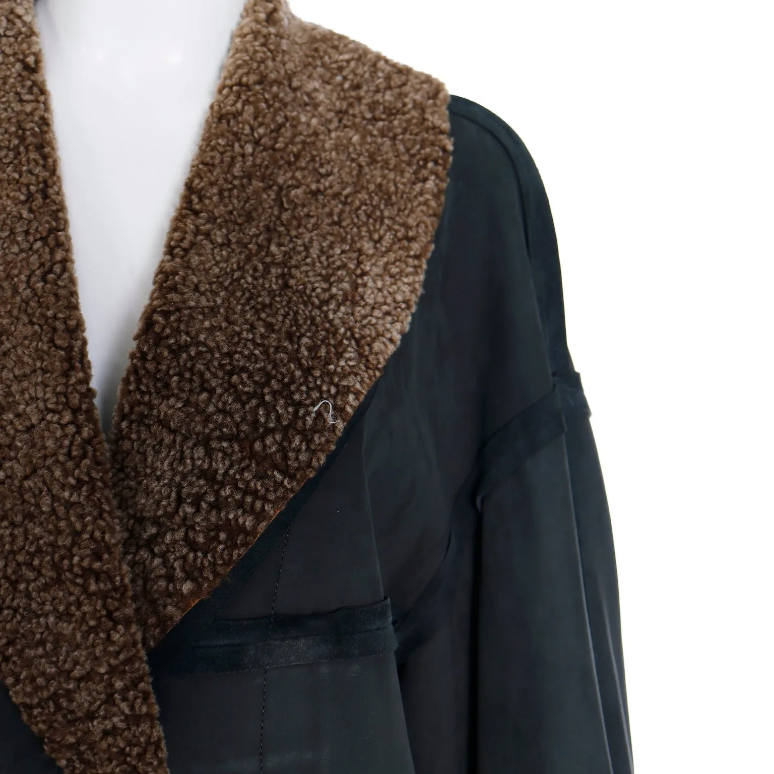 1990s Fendi Lightweight Shearling Gray Green Coat w Lambswool Trim