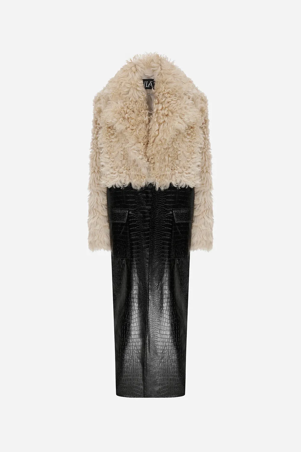 Avery - Vegan Crocodile Leather Detailed Nodal Shearling Long Coat