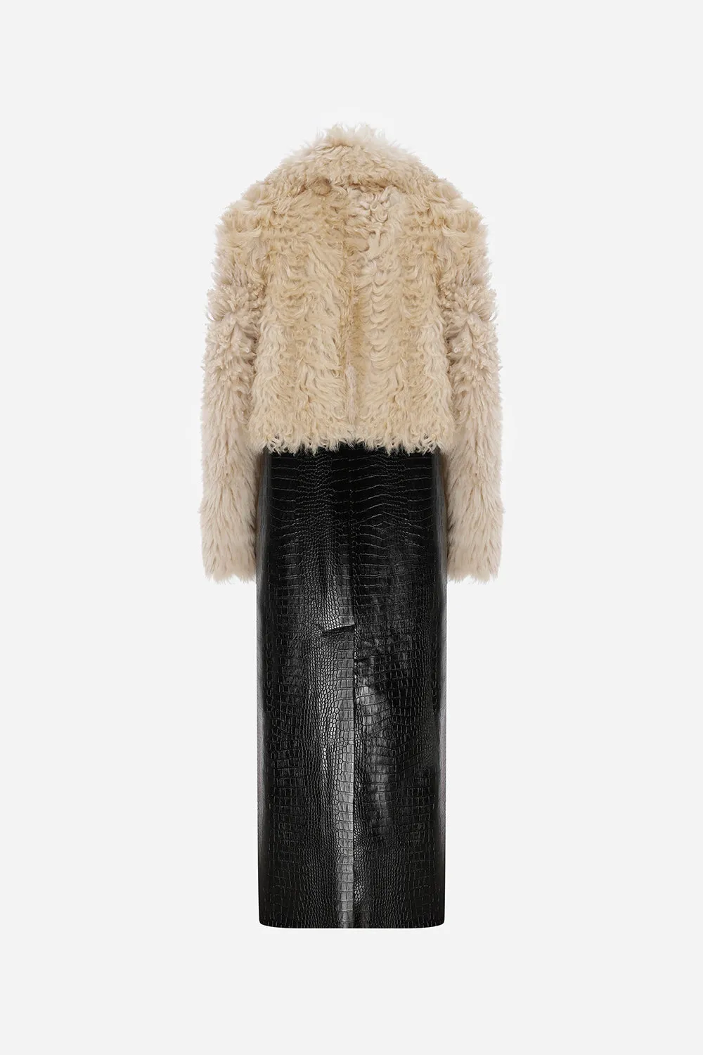 Avery - Vegan Crocodile Leather Detailed Nodal Shearling Long Coat