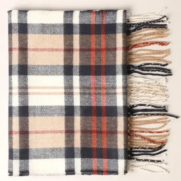 Beige Plaid Cashmere Feel Scarf