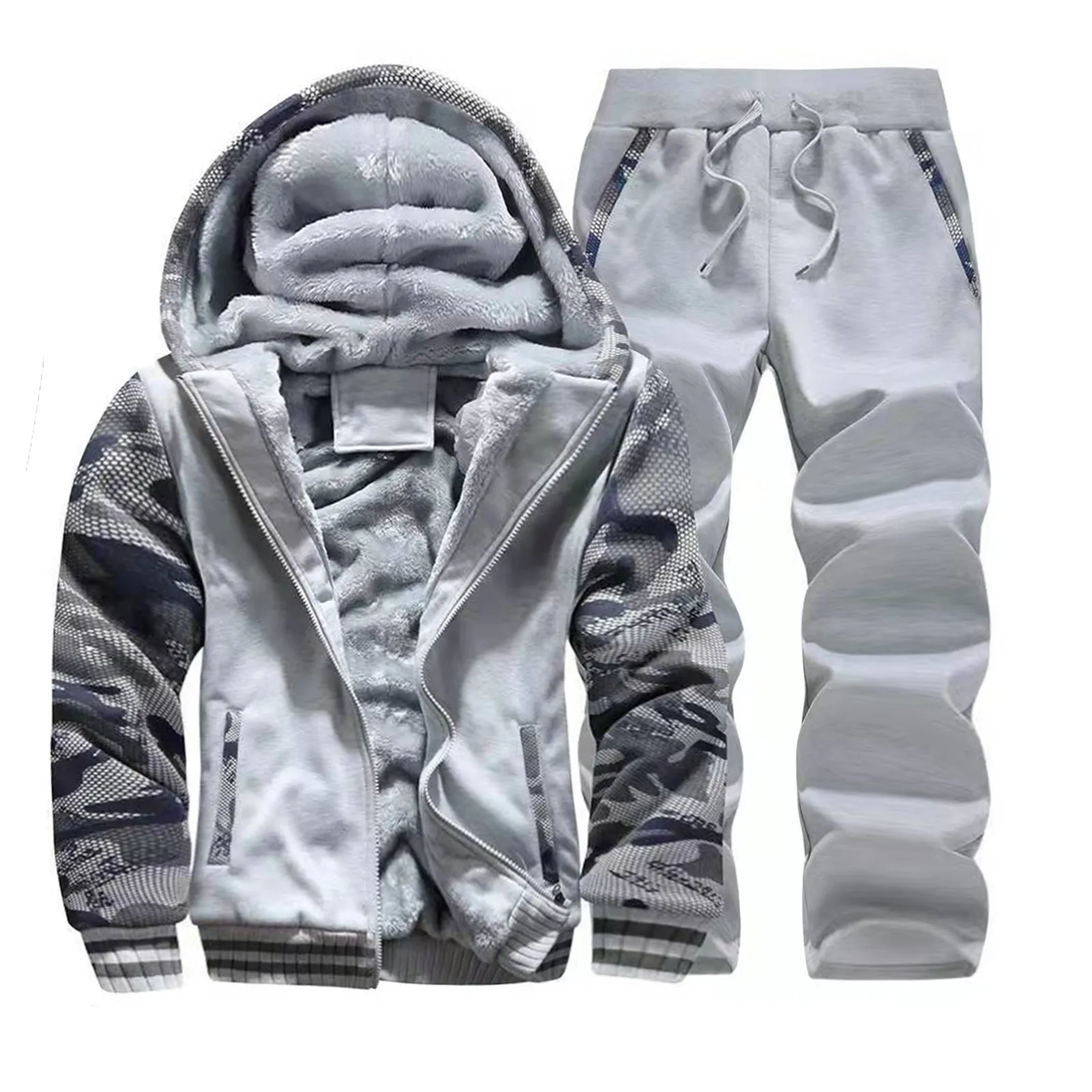 CAMO PATCHWORK THICKEN FLEECE HOODED POCKET JACKET SPORT 2 PIECE SETS