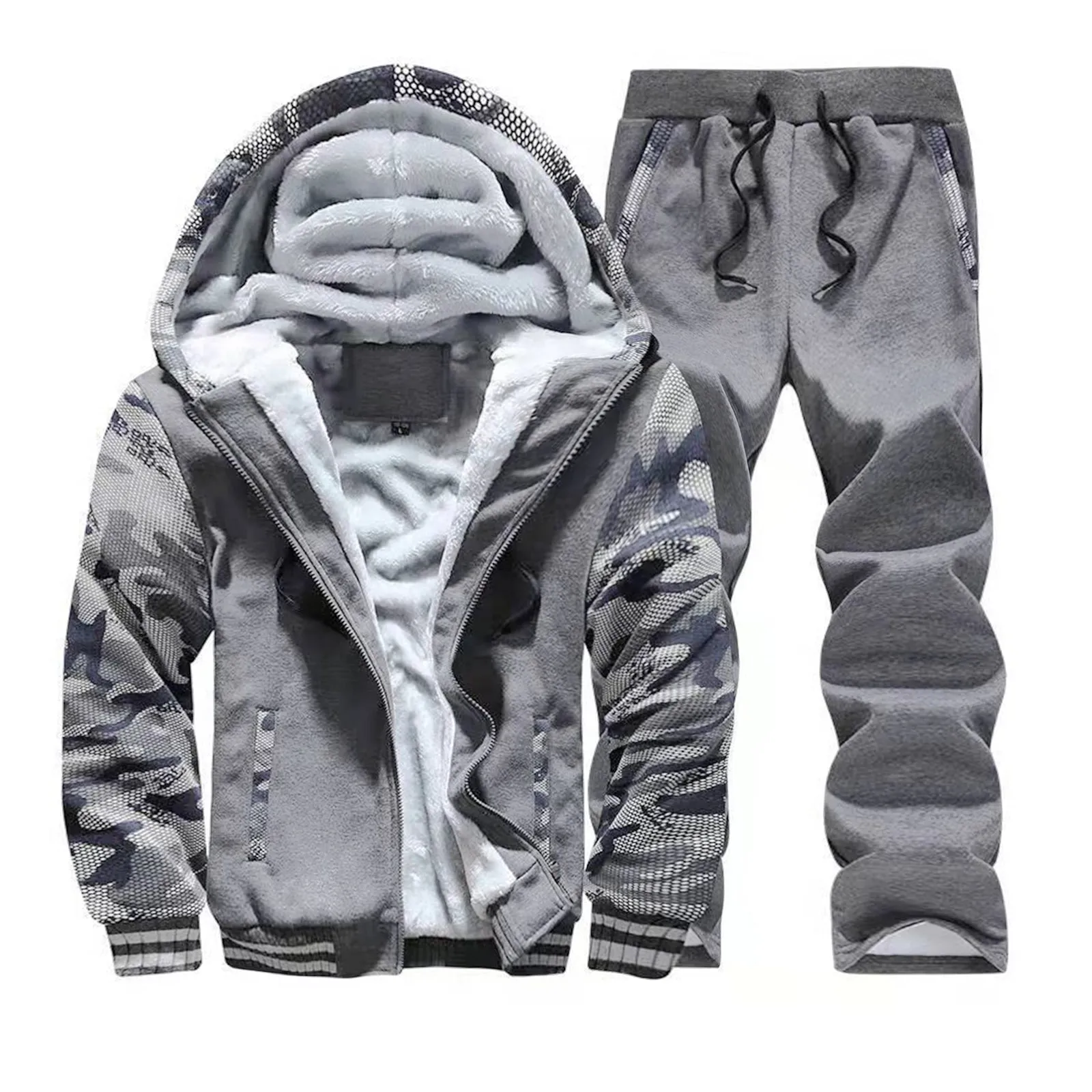 CAMO PATCHWORK THICKEN FLEECE HOODED POCKET JACKET SPORT 2 PIECE SETS