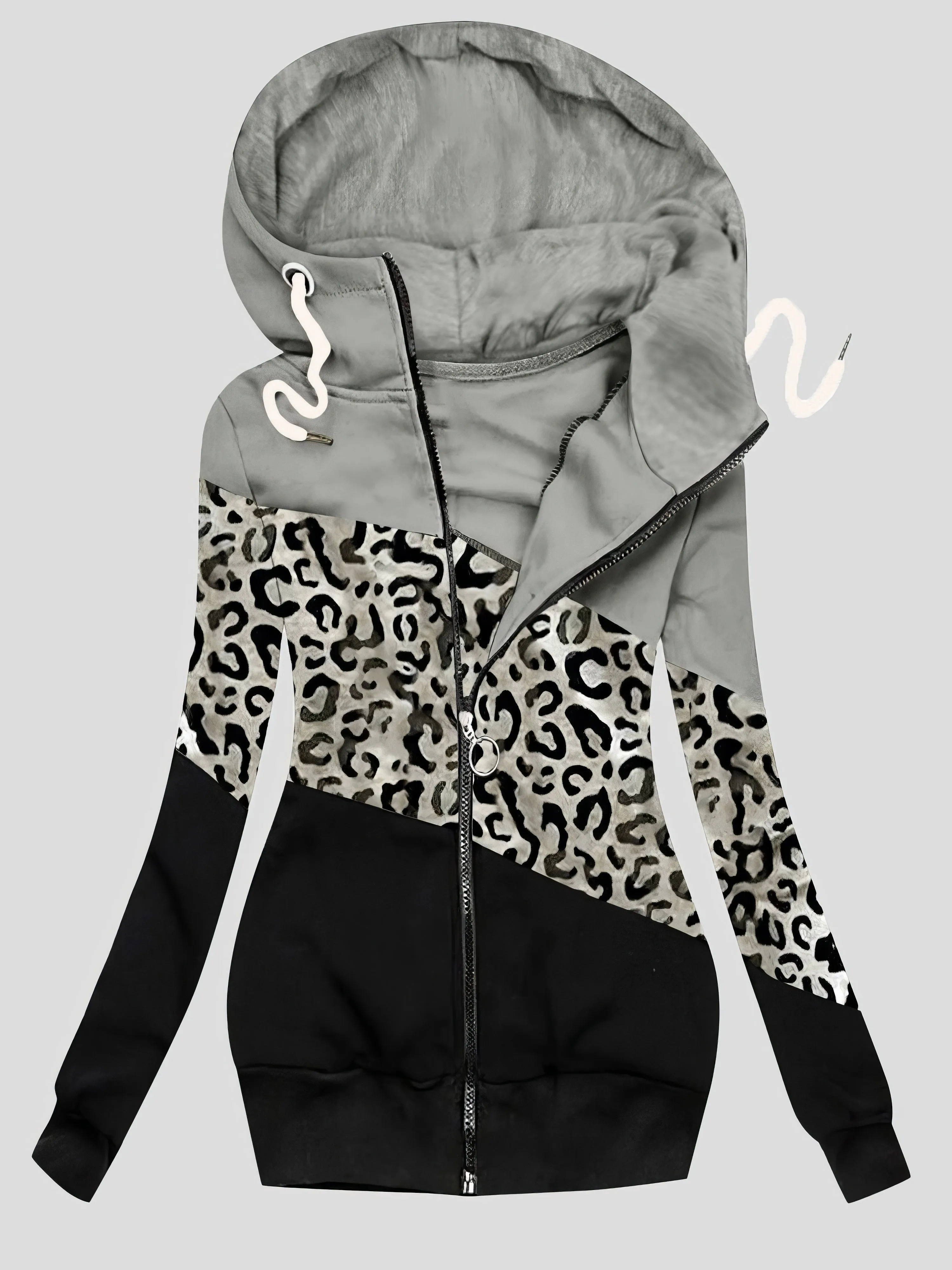 Coats Three-Color Leopard Print Zip Drawstring Hooded Coat for Women