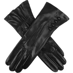 DENTS Rose Silk Lined Leather Gloves With Buttons - Ladies - Black