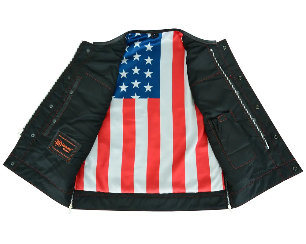 DS155 Men's Leather Vest with Red Stitching and USA Inside Flag Linin