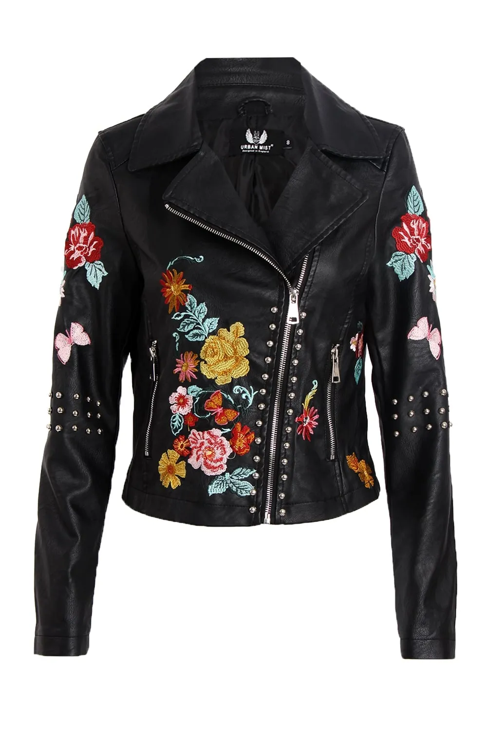 Floral Embroidered Studded Detail Biker Leather Jacket