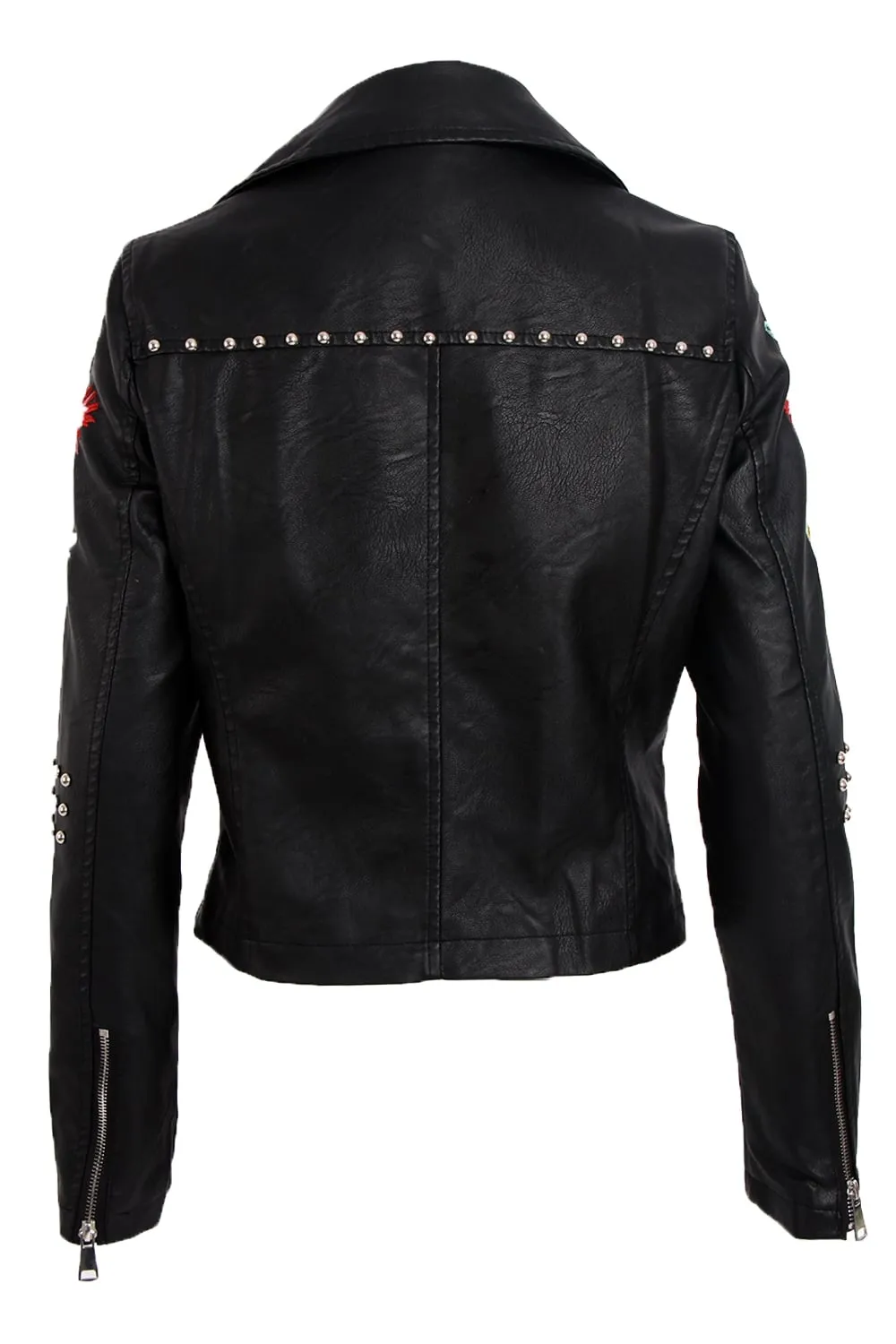 Floral Embroidered Studded Detail Biker Leather Jacket