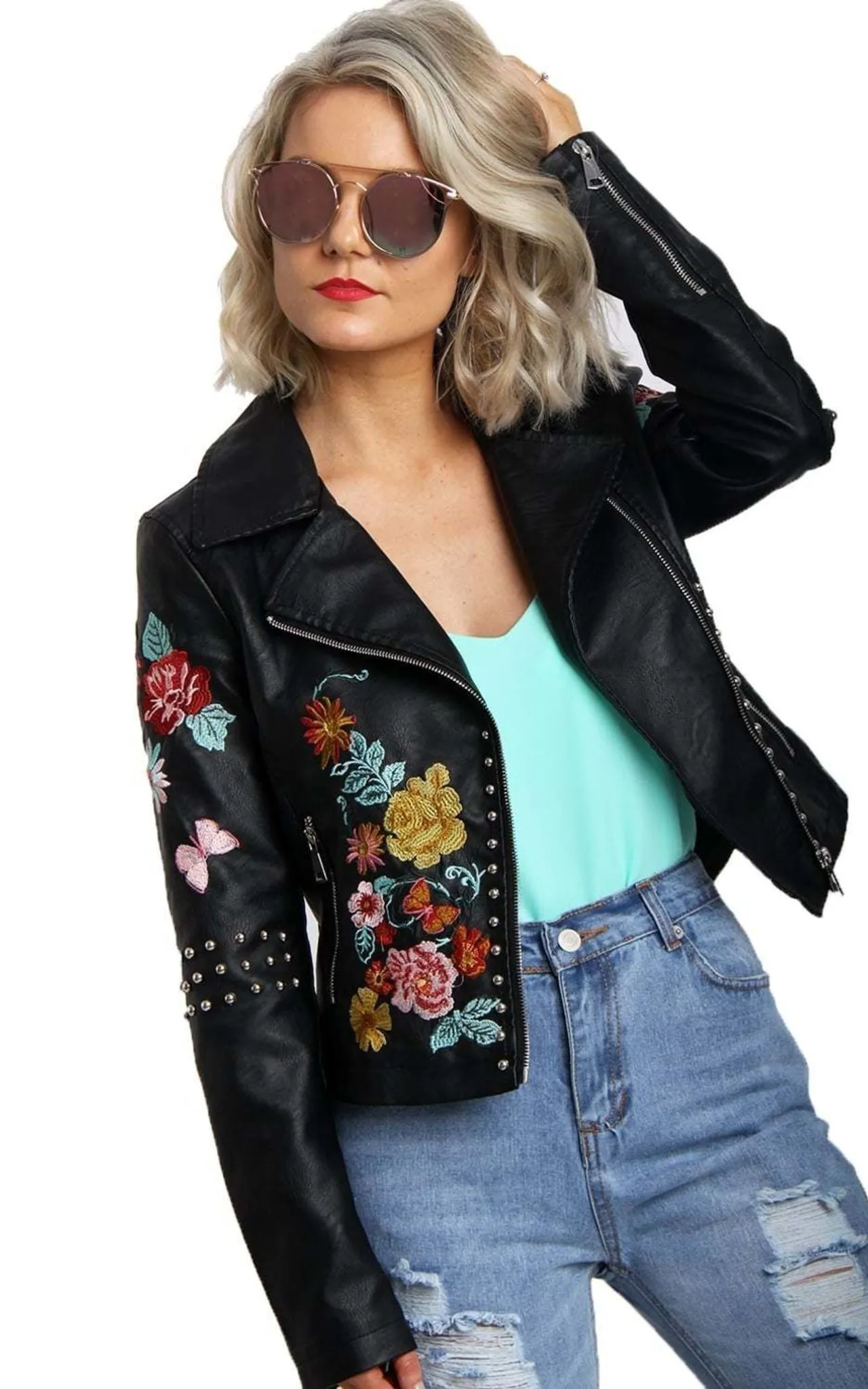 Floral Embroidered Studded Detail Biker Leather Jacket