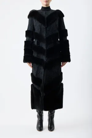 Hugh Embroidered Coat in Black Suede with Shearling