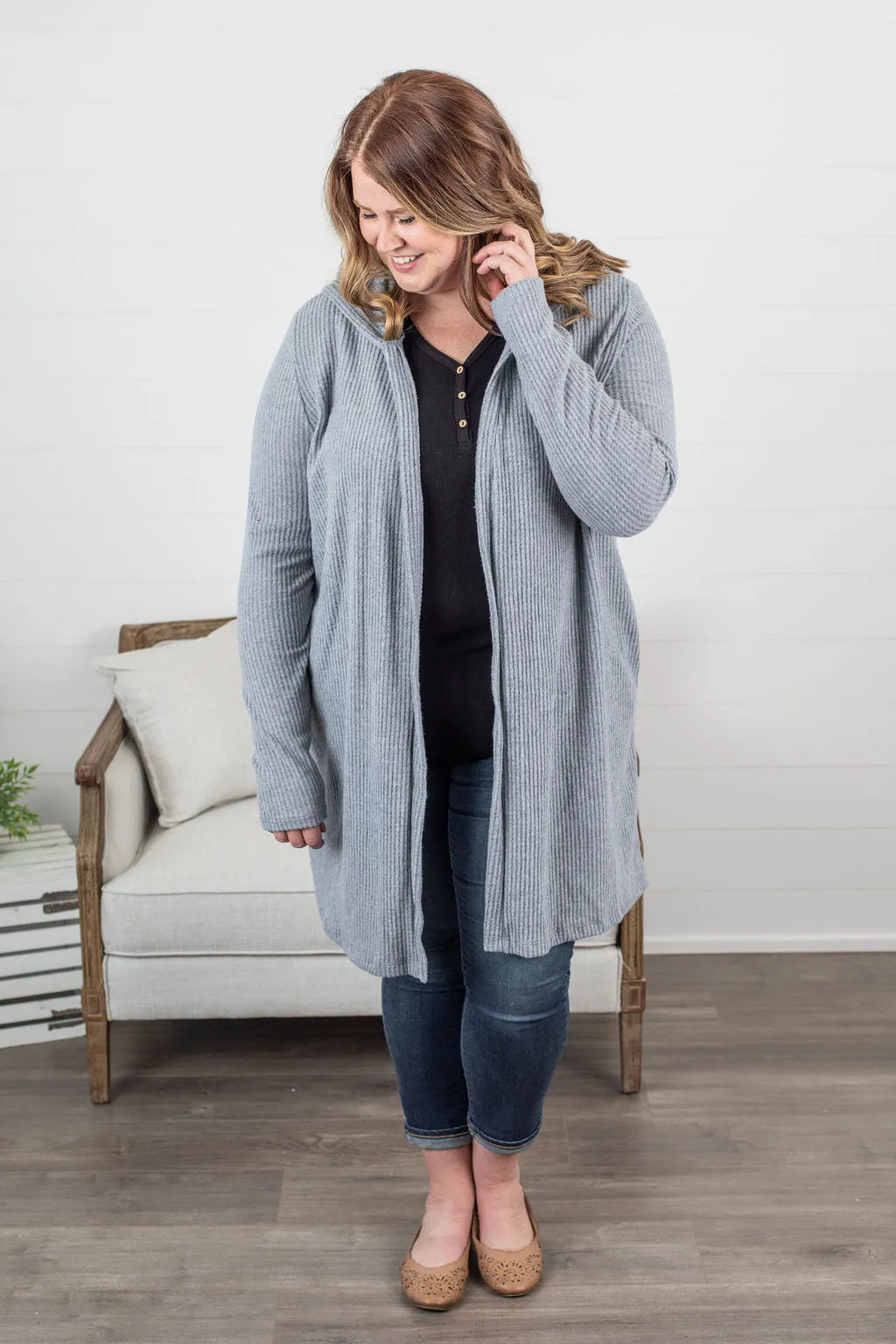 IN STOCK Claire Hooded Waffle Cardigan - Light Grey