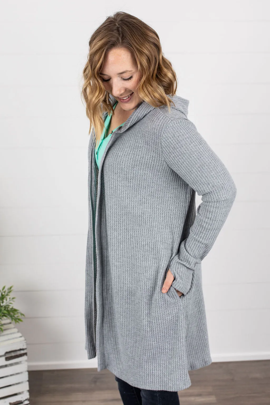 IN STOCK Claire Hooded Waffle Cardigan - Light Grey