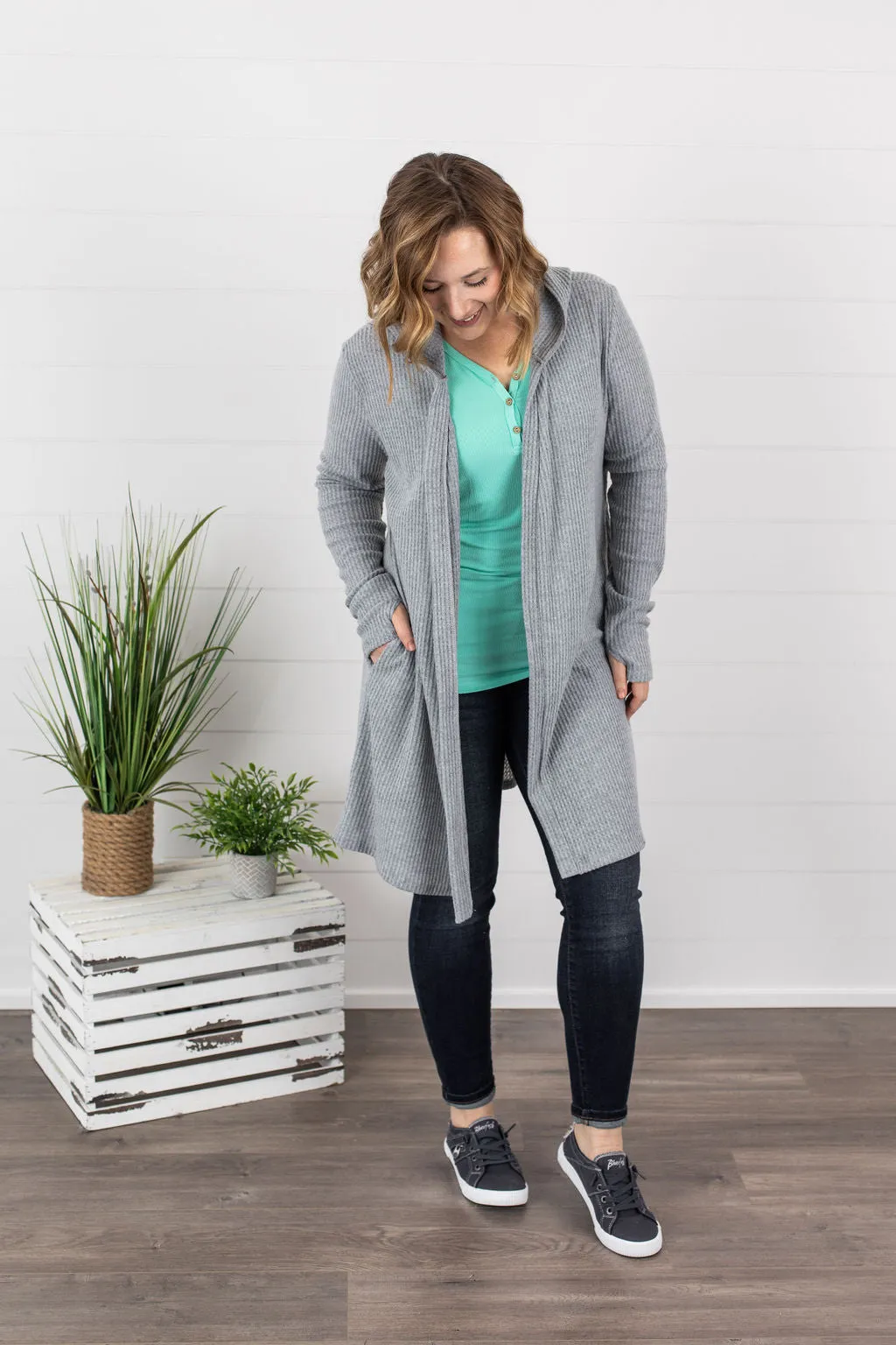 IN STOCK Claire Hooded Waffle Cardigan - Light Grey