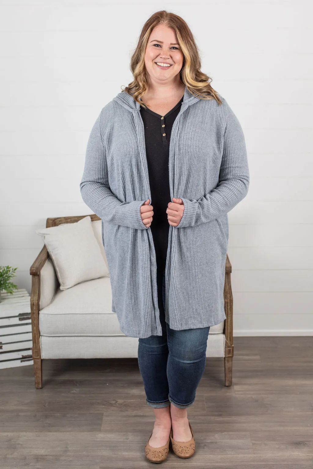 IN STOCK Claire Hooded Waffle Cardigan - Light Grey