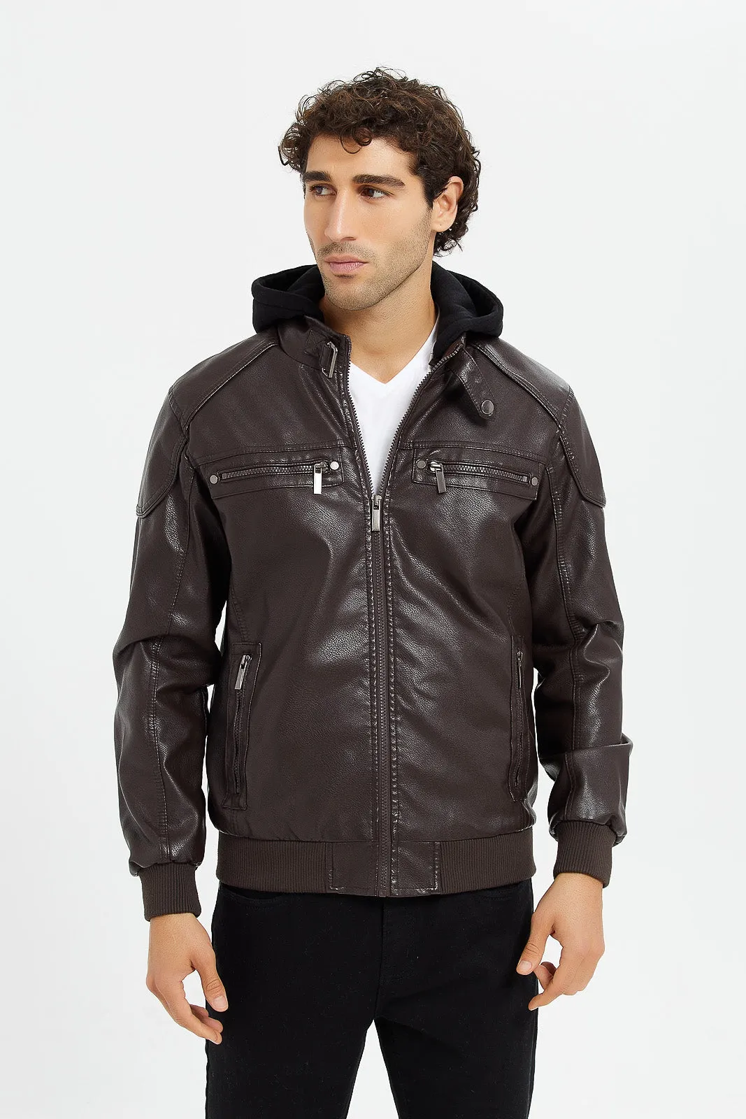 Men Brown Hooded Biker Jacket