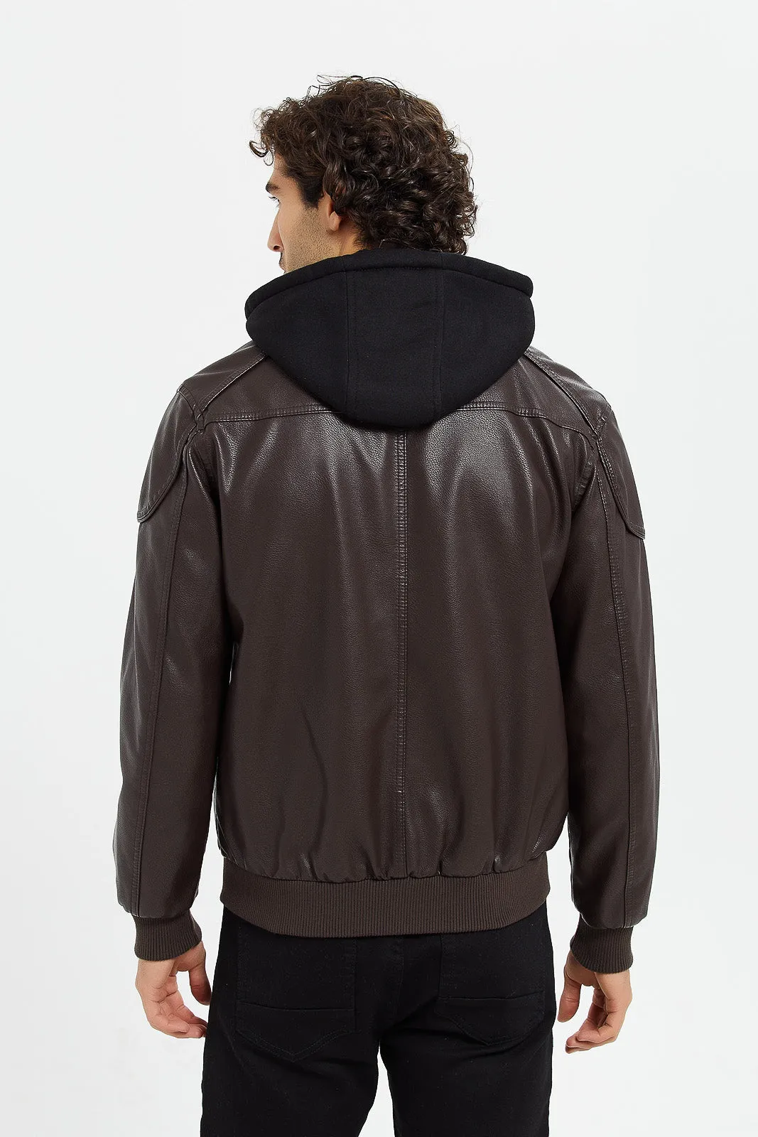 Men Brown Hooded Biker Jacket