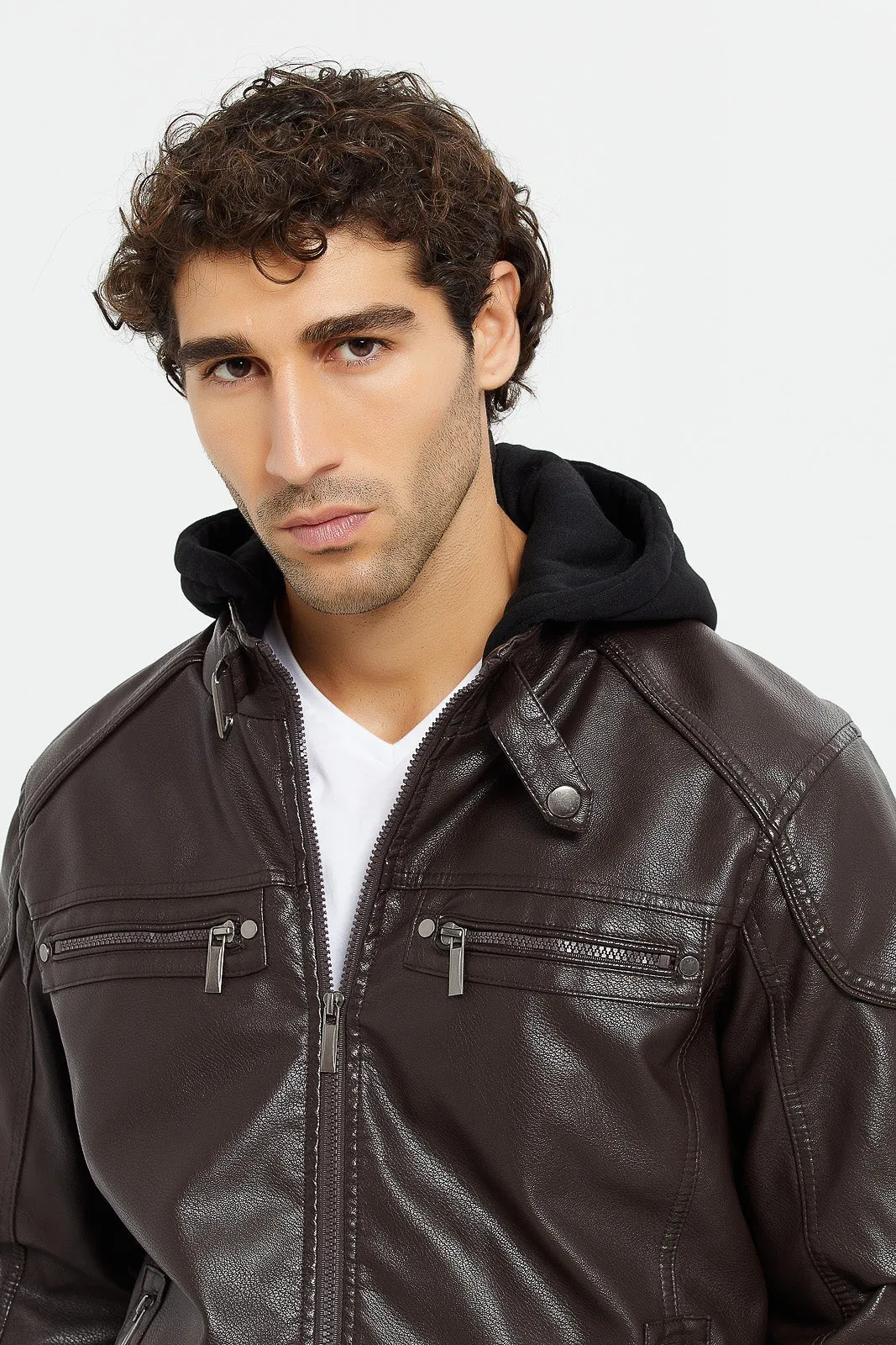 Men Brown Hooded Biker Jacket