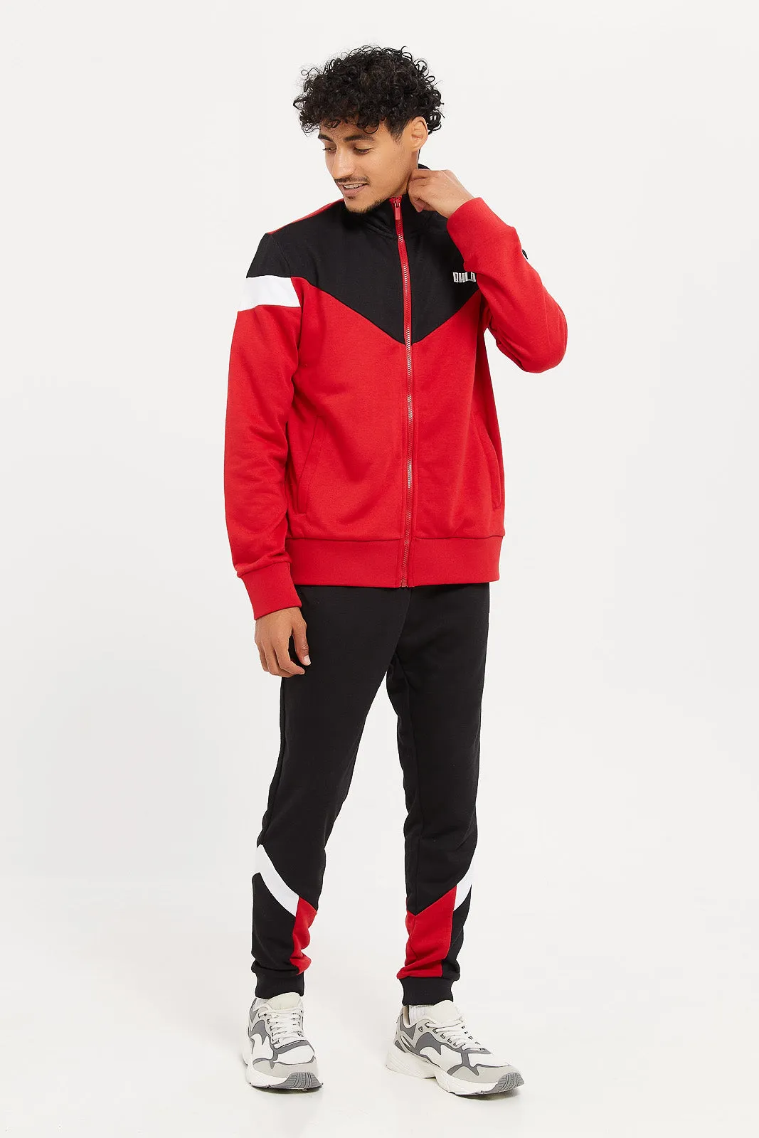 Men Red High Neck Zip Through Sweatshirt