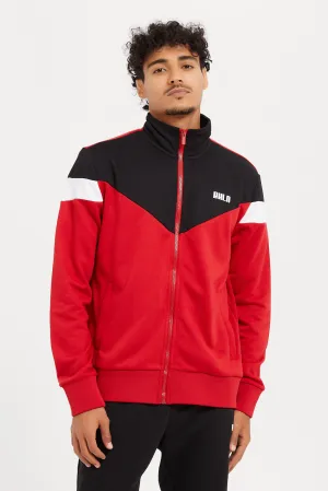 Men Red High Neck Zip Through Sweatshirt