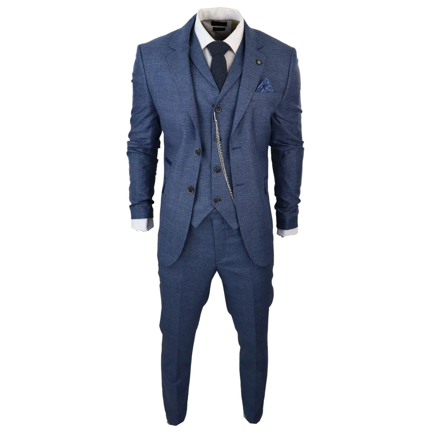 Mens 3 Piece Suit Prince Of Wales Check Blue Tailored Fit Vintage Wedding