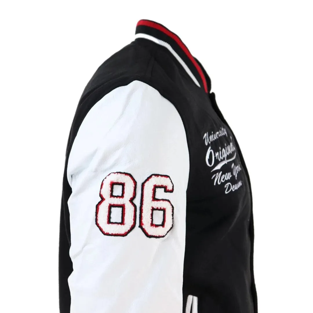 Mens Baseball Varsity Letterman College Fleece Jacket Badge PU Leather Sleeves