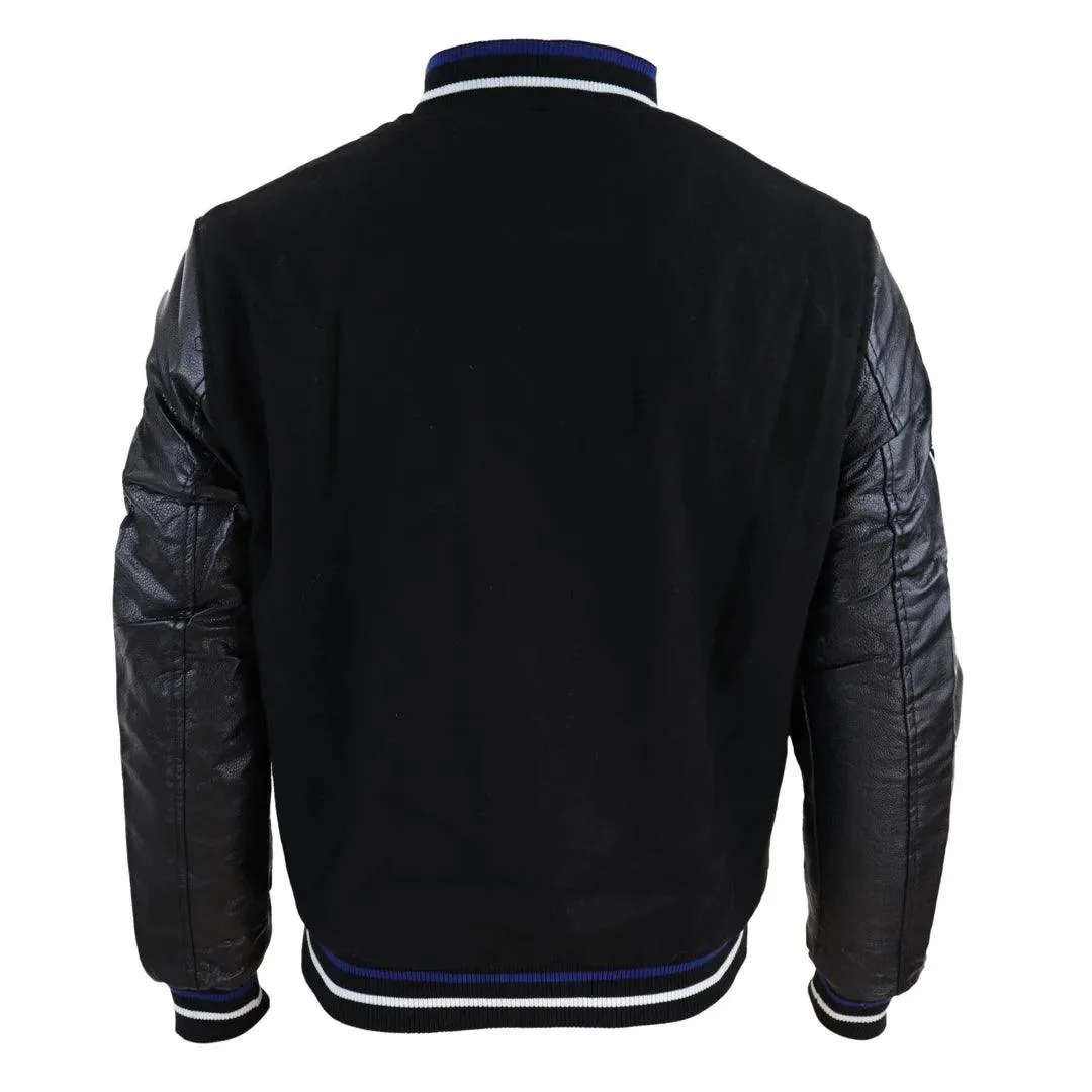 Mens Baseball Varsity Letterman College Fleece Jacket Badge PU Leather Sleeves