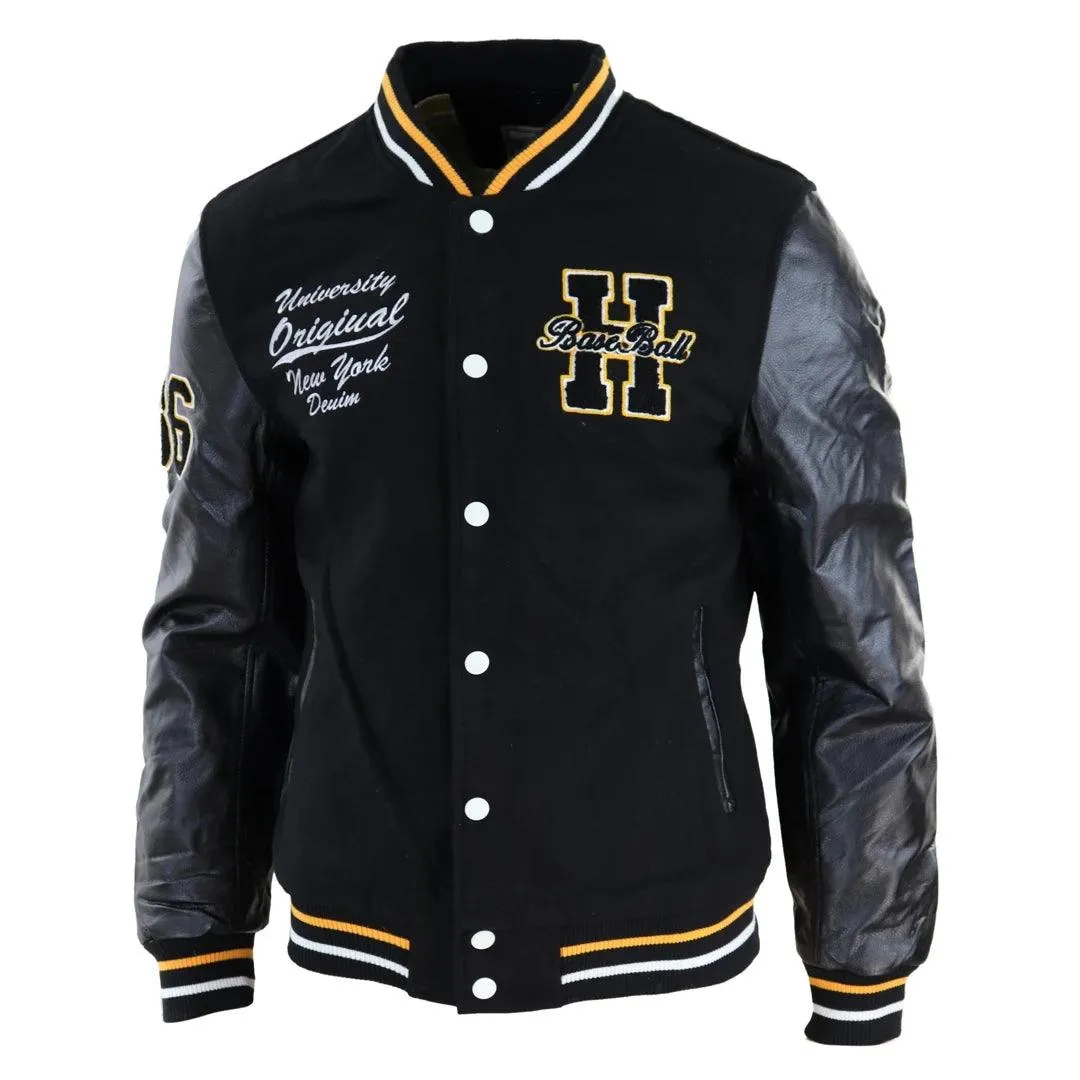 Mens Baseball Varsity Letterman College Fleece Jacket Badge PU Leather Sleeves