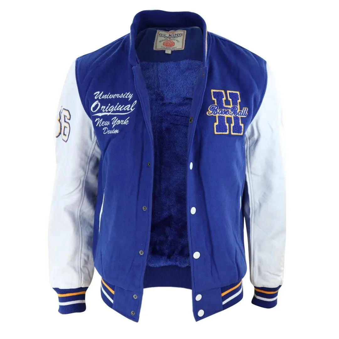 Mens Baseball Varsity Letterman College Fleece Jacket Badge PU Leather Sleeves