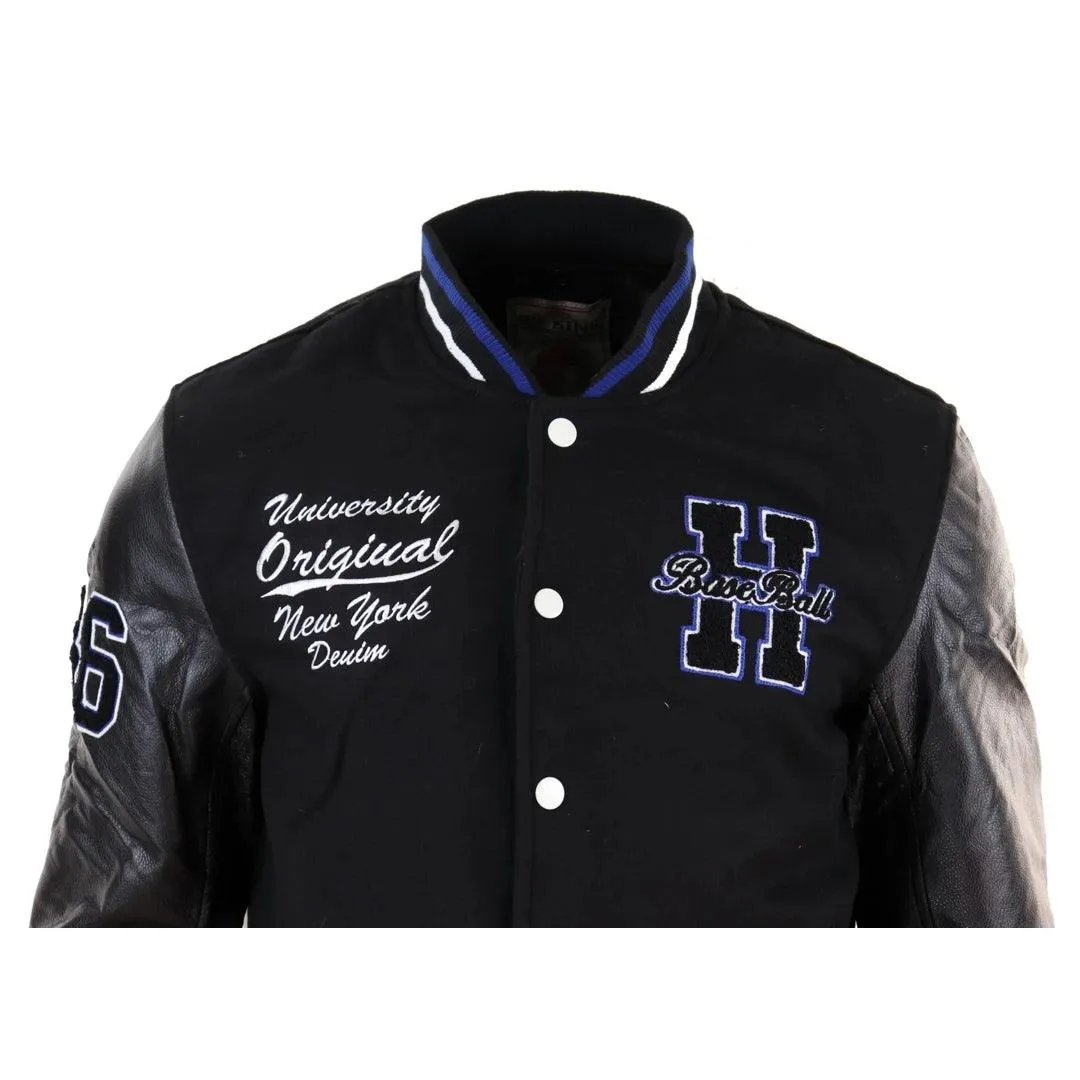 Mens Baseball Varsity Letterman College Fleece Jacket Badge PU Leather Sleeves