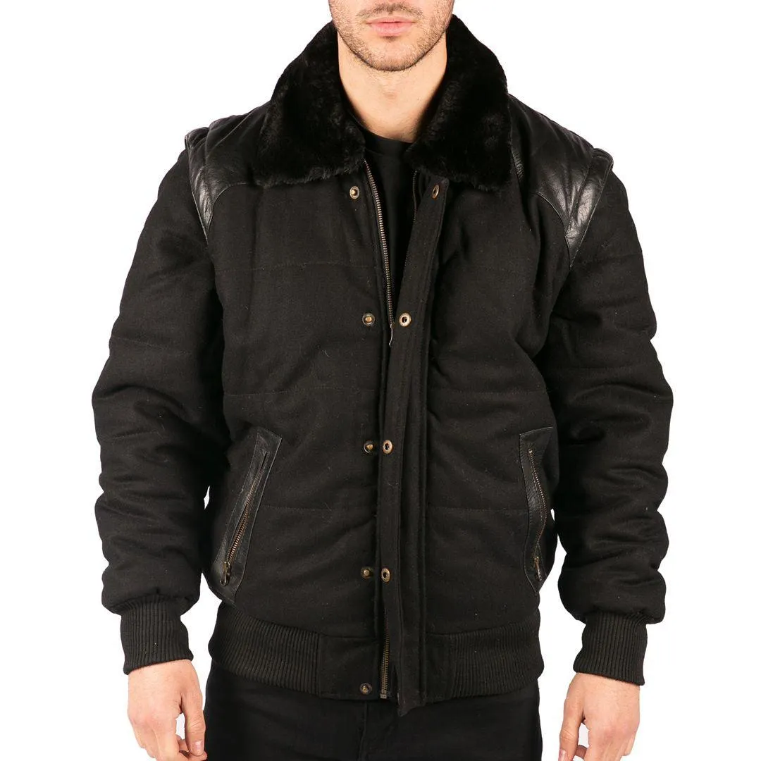 Men's Black Leather Shoulder Patches Bomber Jacket with Removable Sleeves