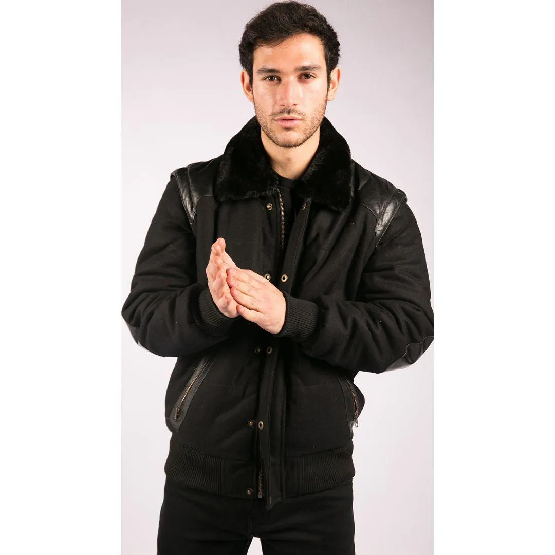 Men's Black Leather Shoulder Patches Bomber Jacket with Removable Sleeves