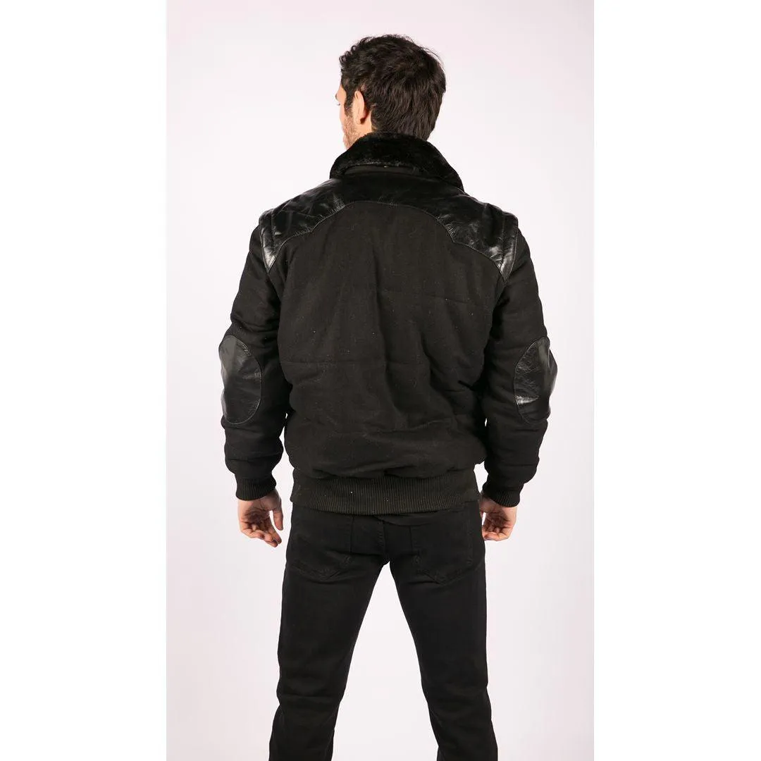 Men's Black Leather Shoulder Patches Bomber Jacket with Removable Sleeves