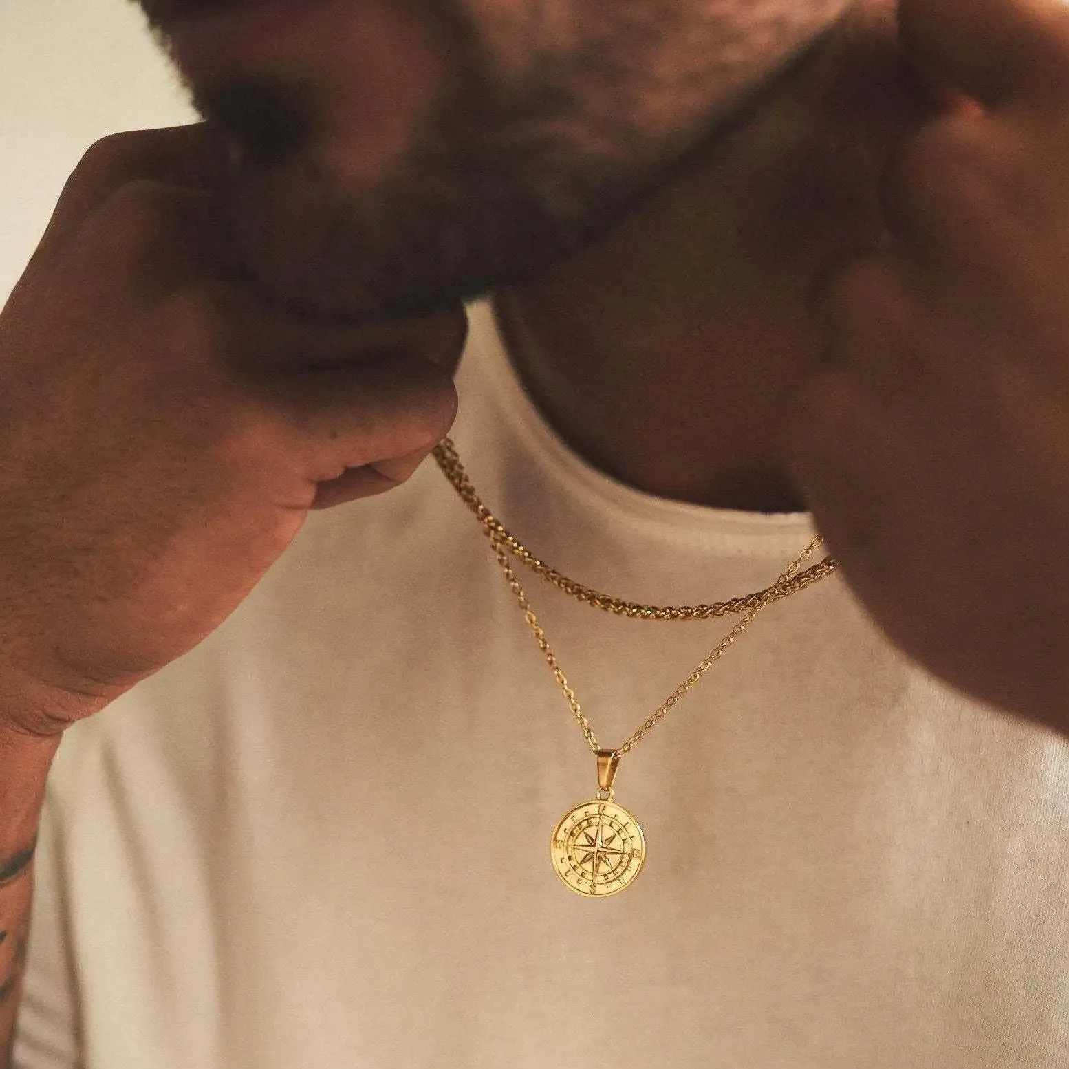 Men's Compass Layered Chain Necklaces