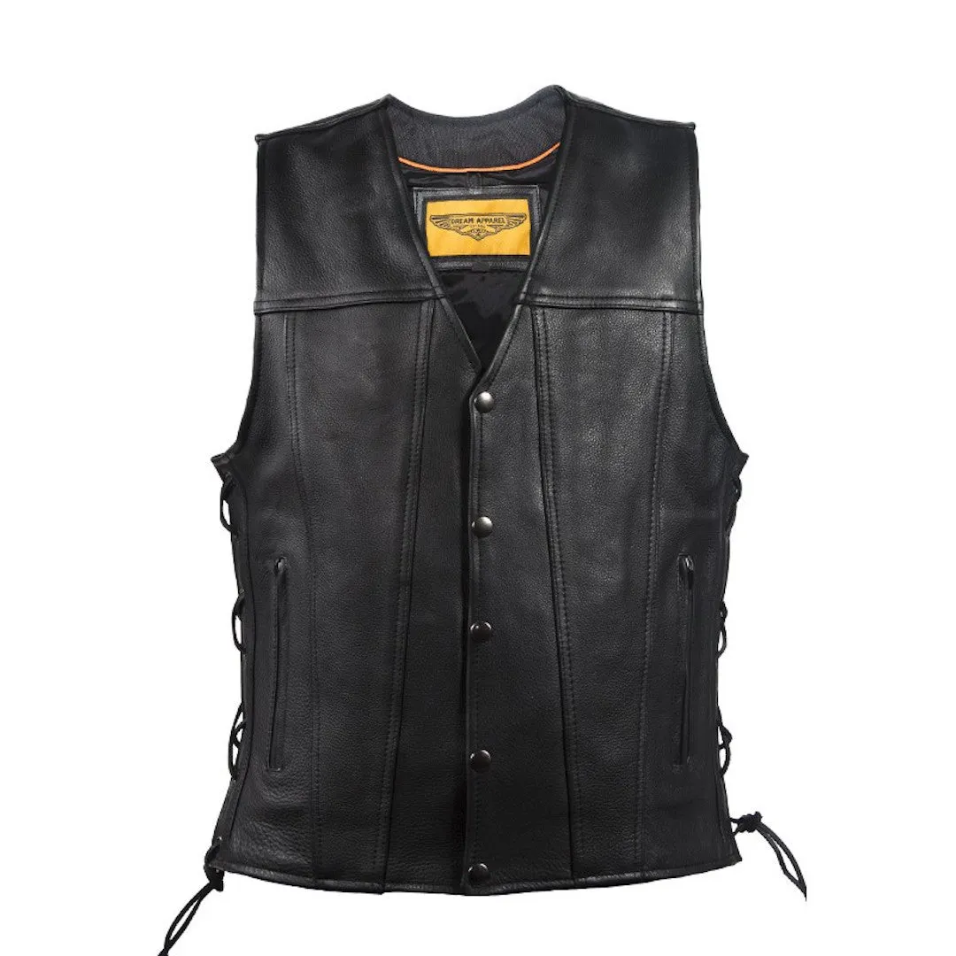 Mens Leather Vest With Concealed Gun Pockets Side Laces Solid Back