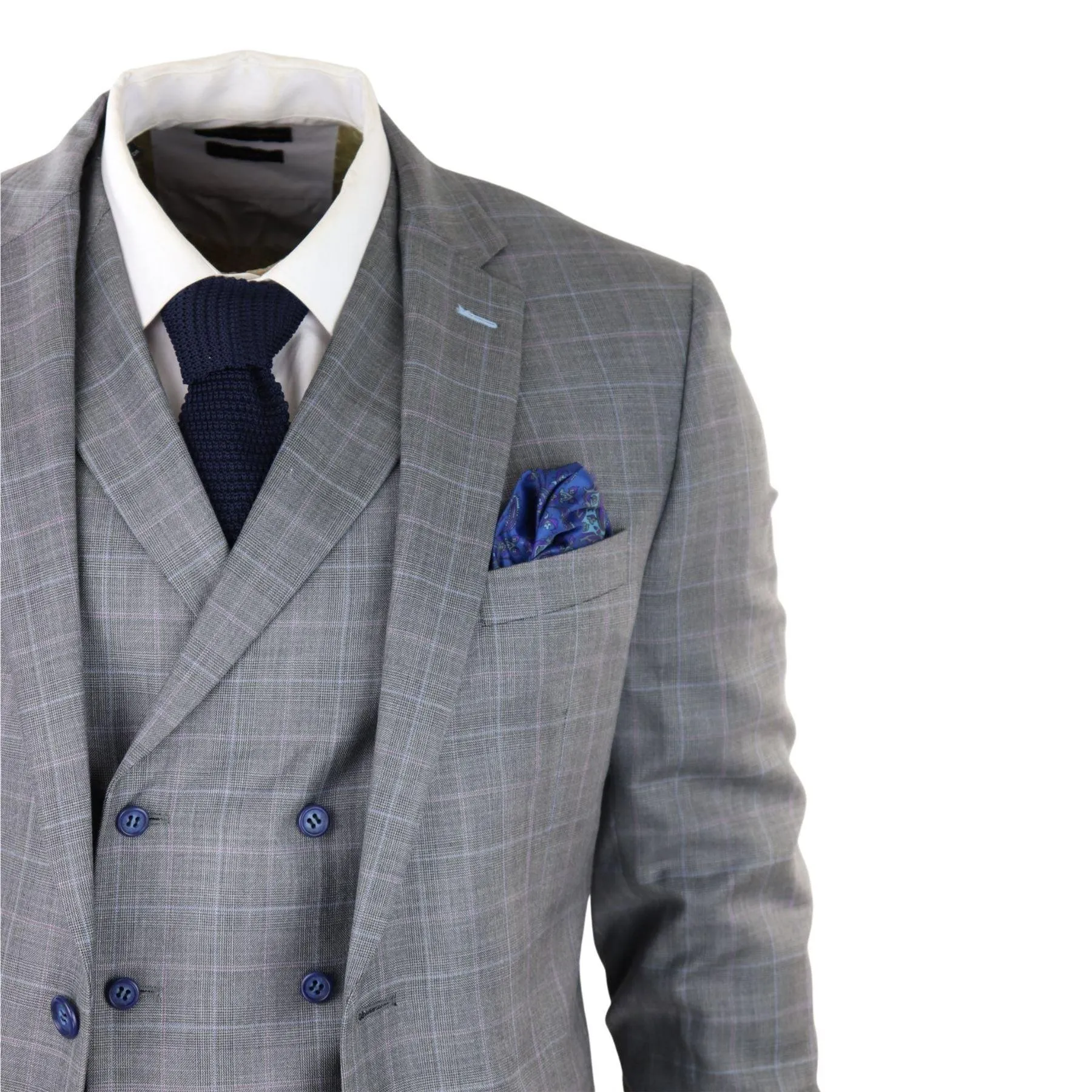 Mens Light Grey 3 Piece Suit Blue Check Double Breast Waistcoat Office Wedding Prom