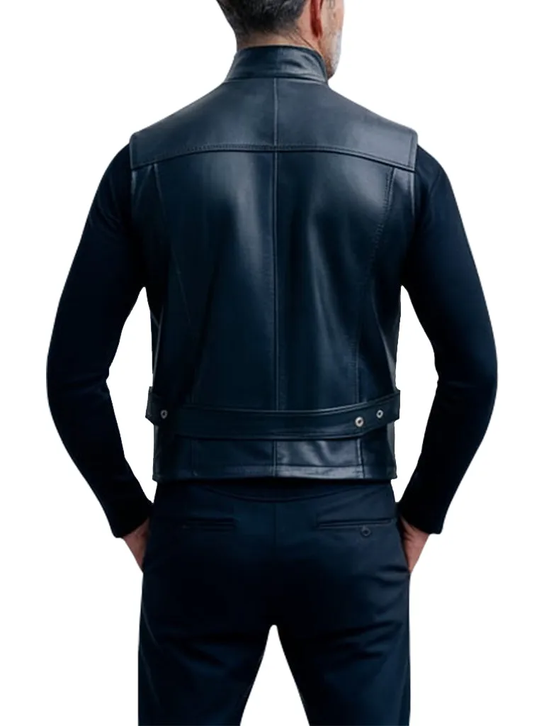 Men's Stylish Zip-Up Black Leather Biker Vest