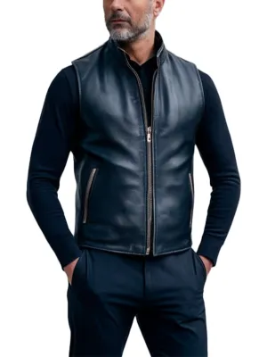 Men's Stylish Zip-Up Black Leather Biker Vest