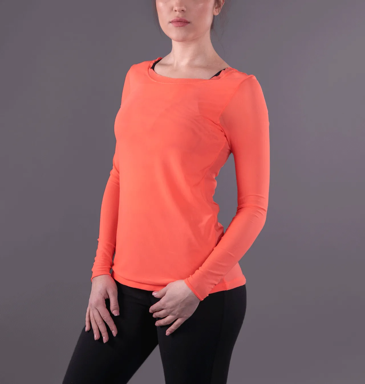 Neon Coral Long Sleeve Mesh Tee