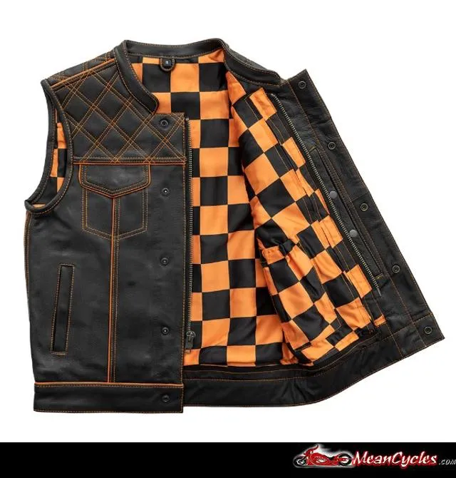 ORANGE M050 | Orange Checker - Men's Motorcycle Leather Vest