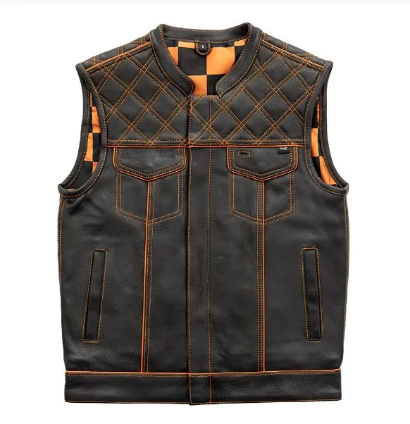 ORANGE M050 | Orange Checker - Men's Motorcycle Leather Vest