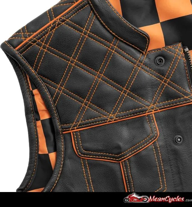 ORANGE M050 | Orange Checker - Men's Motorcycle Leather Vest