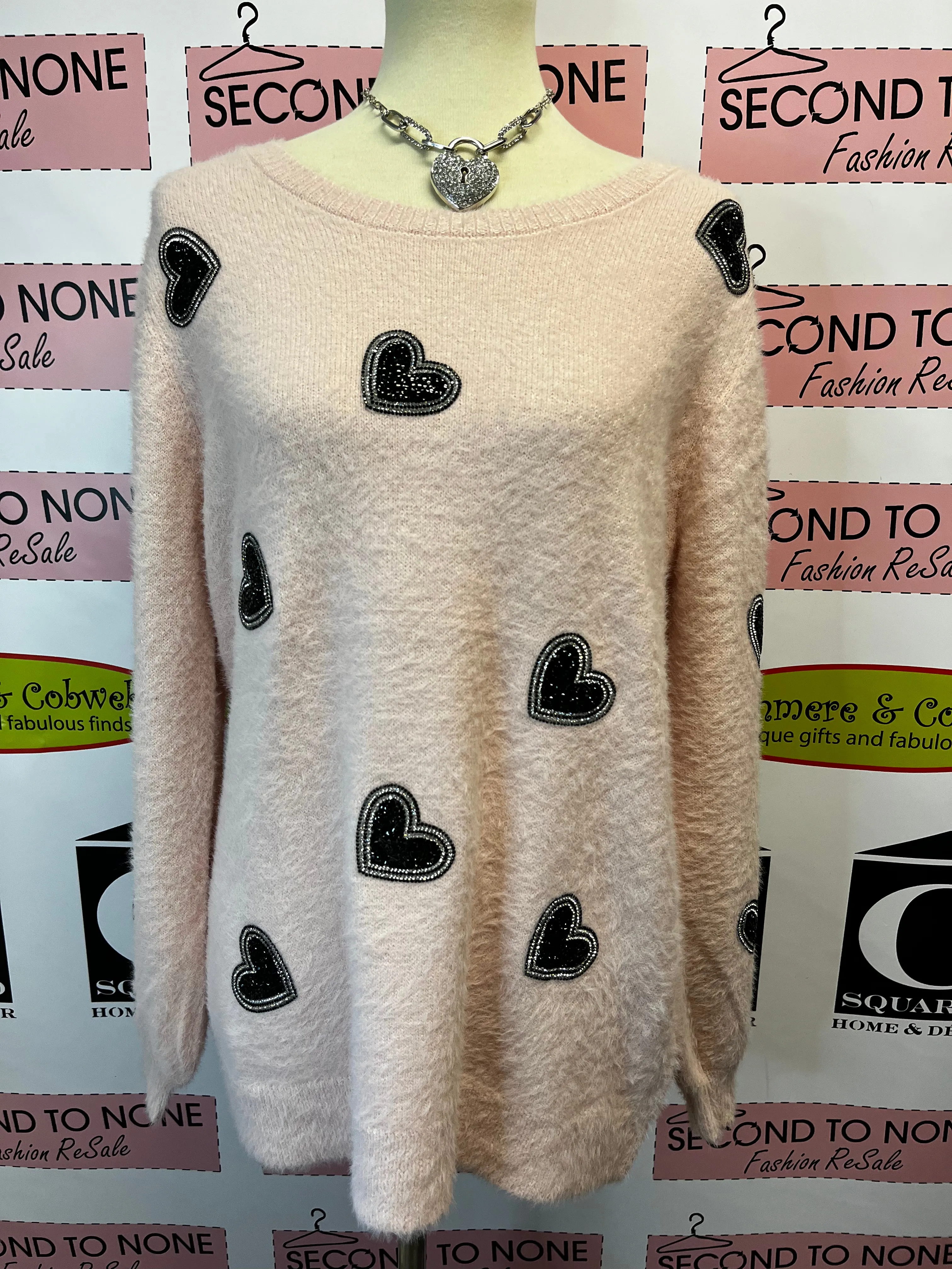 Pink Angora-Feel Heart Sweater