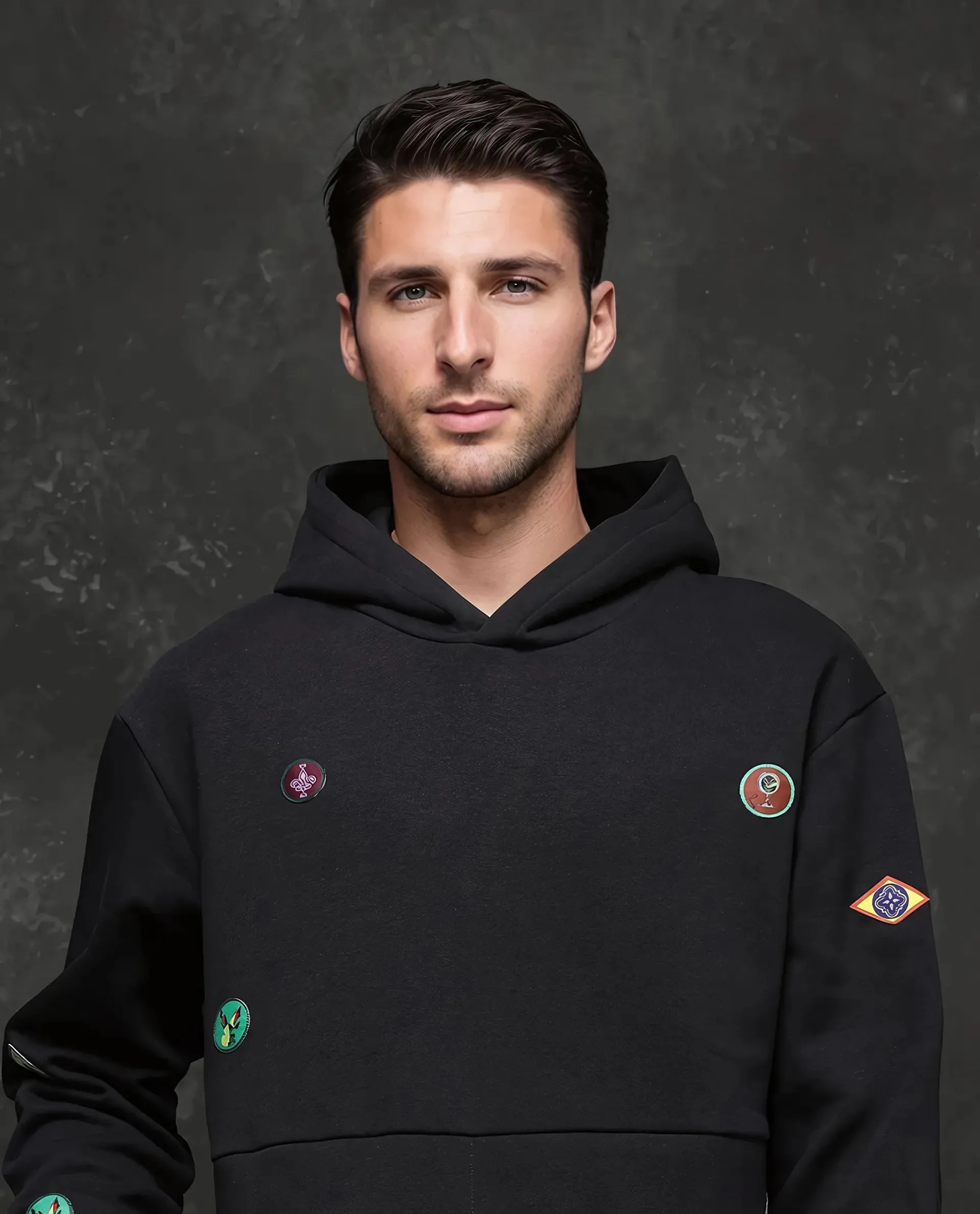 Rare Rabbit Men Karon Black Full Sleeve Hooded Plain Sweatshirt