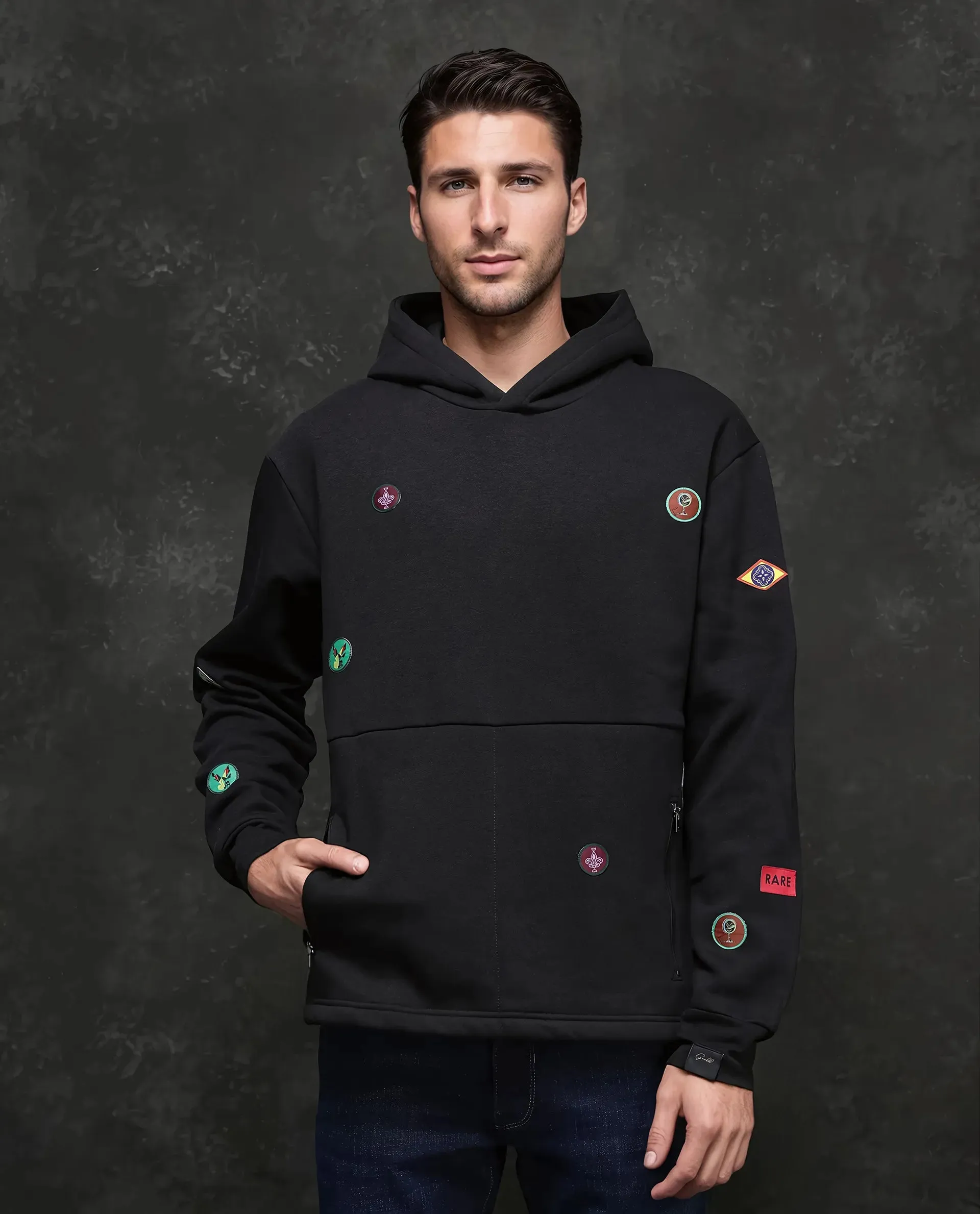 Rare Rabbit Men Karon Black Full Sleeve Hooded Plain Sweatshirt