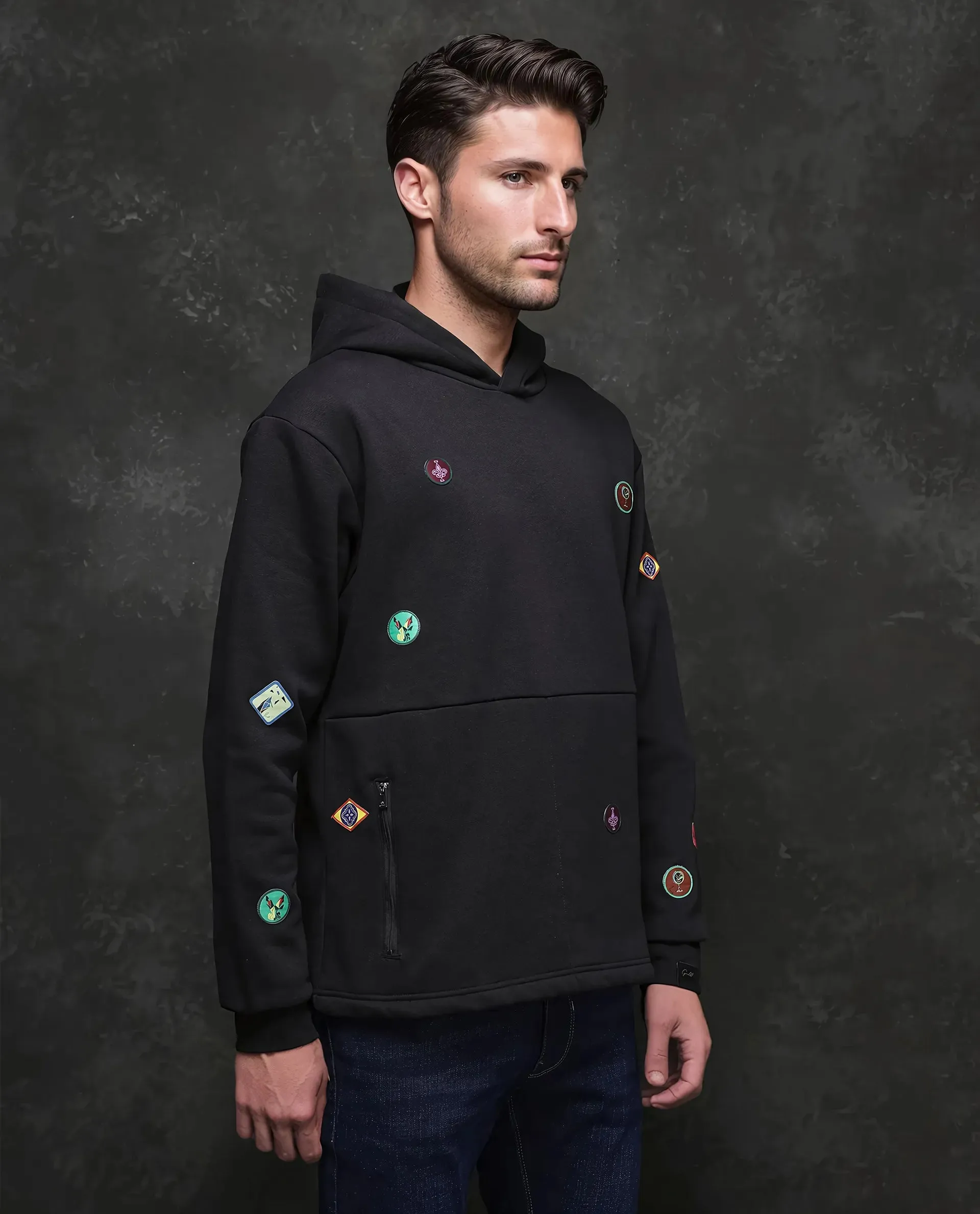 Rare Rabbit Men Karon Black Full Sleeve Hooded Plain Sweatshirt