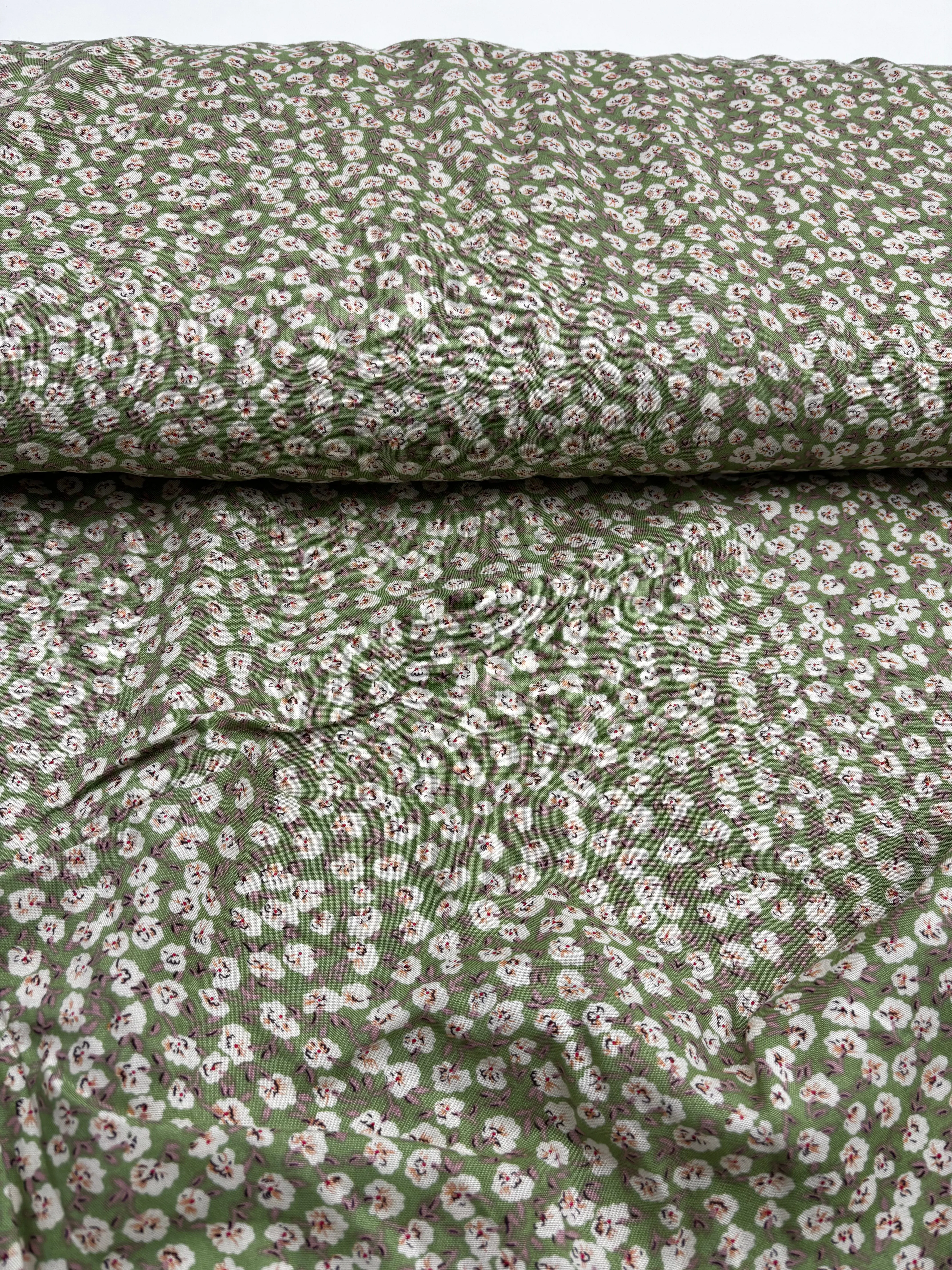 Rayon Challis Print - Pale Green Flowers