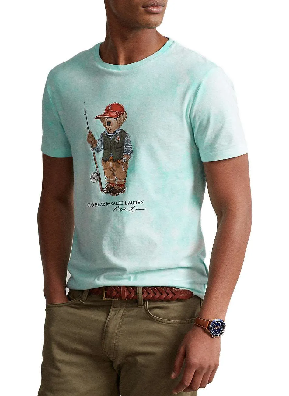 Turquoise Fishing Bear Graphic Jersey T-Shirt